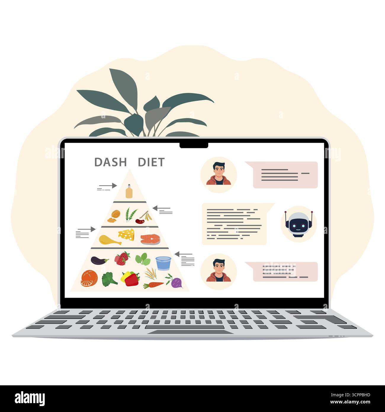 Dash diet pyramid on laptop screen with chatbot conversation and leafy plant in background vector Stock Vector