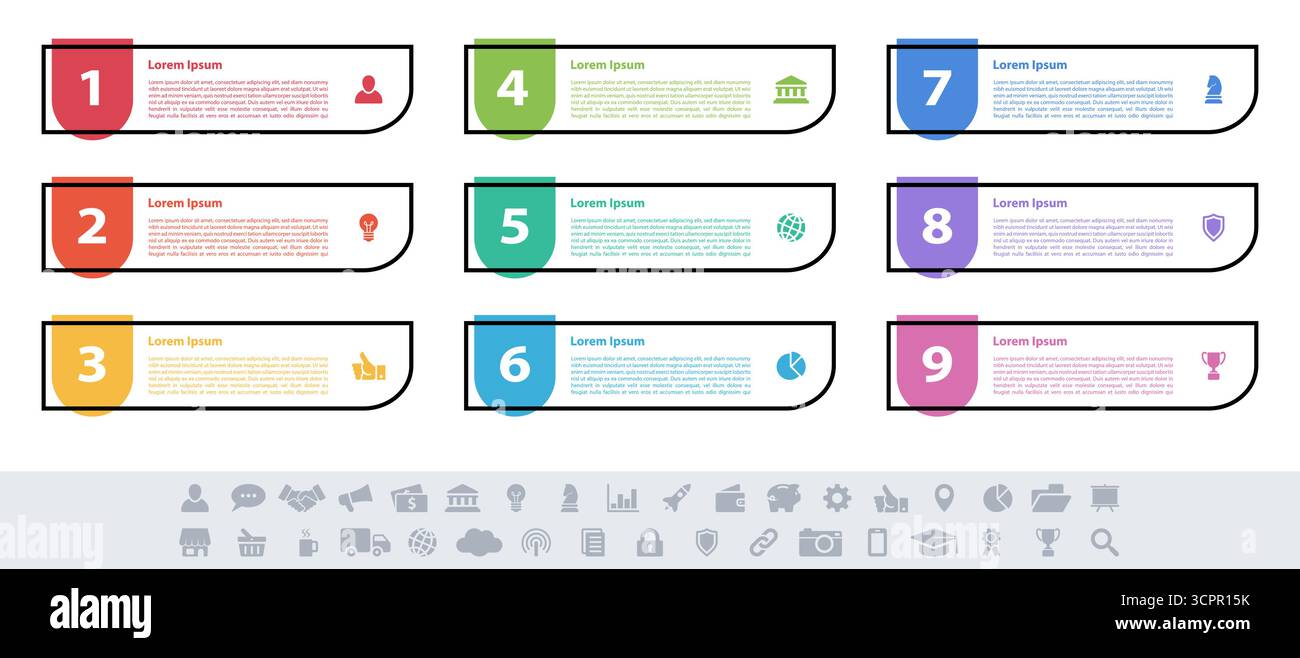 Infographic design business concept vector illustration with 9 steps or options or processes represent work flow or diagram or web button banner Stock Vector