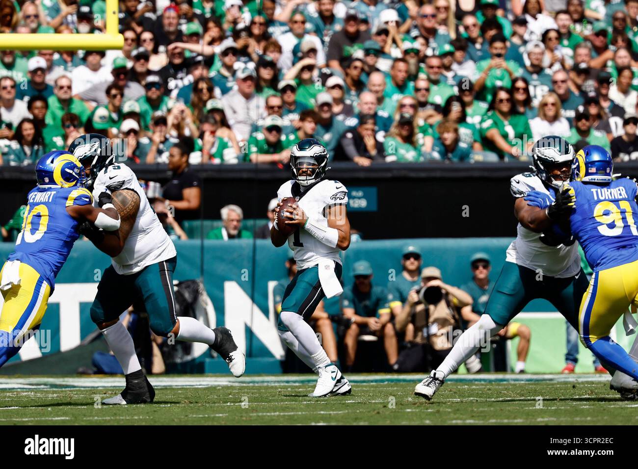 Philadelphia Eagles quarterback Jalen Hurts drops back to pass against ...