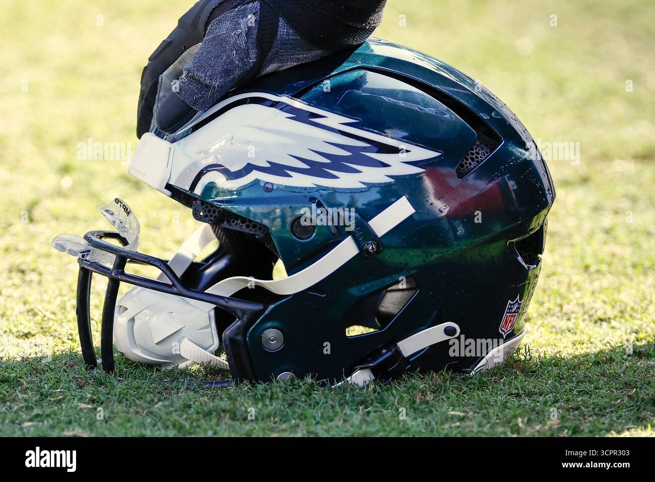 The Philadelphia Eagles logo is seen on a helmet along the sidelines ...