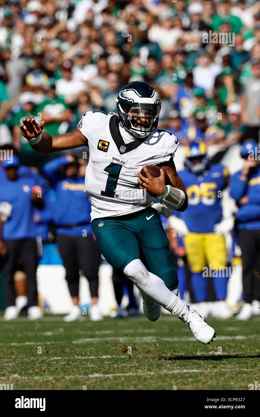Philadelphia Eagles quarterback Jalen Hurts runs against the Los ...