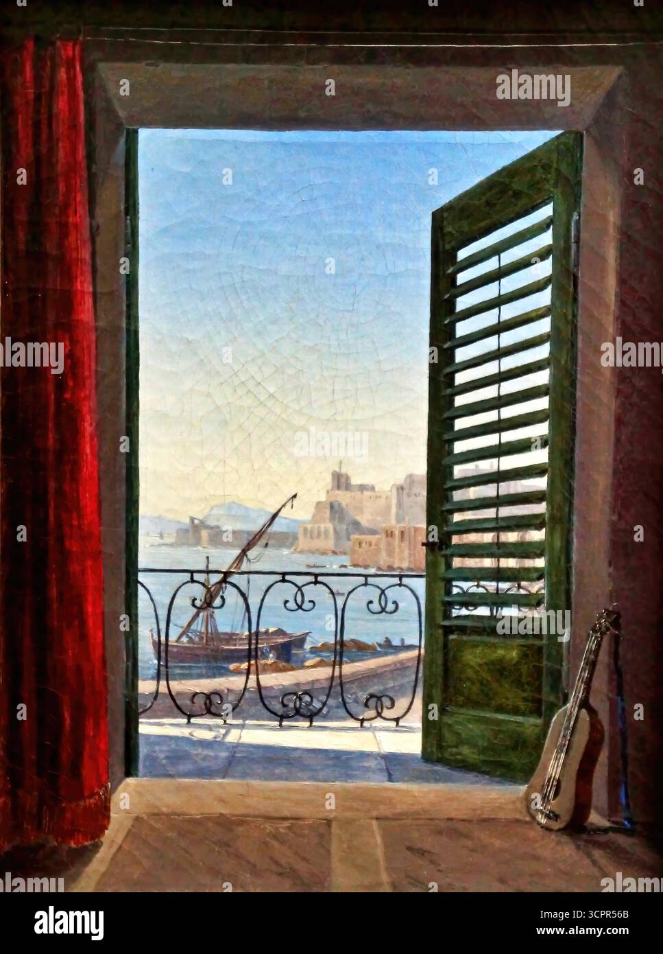 “Carl Gustav Carus, Balcony Rooms Overlooking the Gulf of Naples, 1830, German Romantic masterpiece. Stock Vector