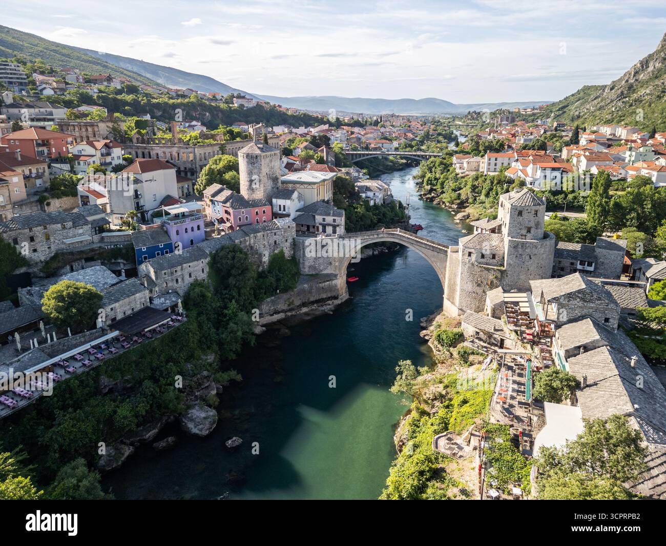Morning drone photo of Stari Most with Muzej Stari Most, old town ...