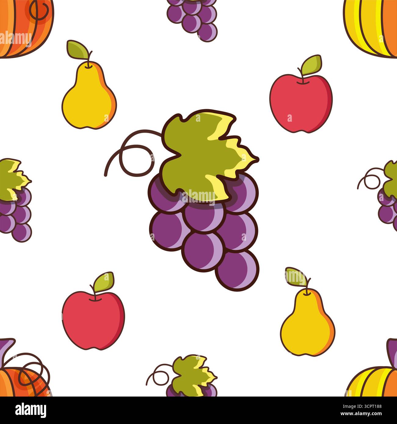 Minimalistic flat illustration with grapes, apples, and pears creating a bright, repeatable autumn harvest background. Great for packaging or web desi Stock Vector