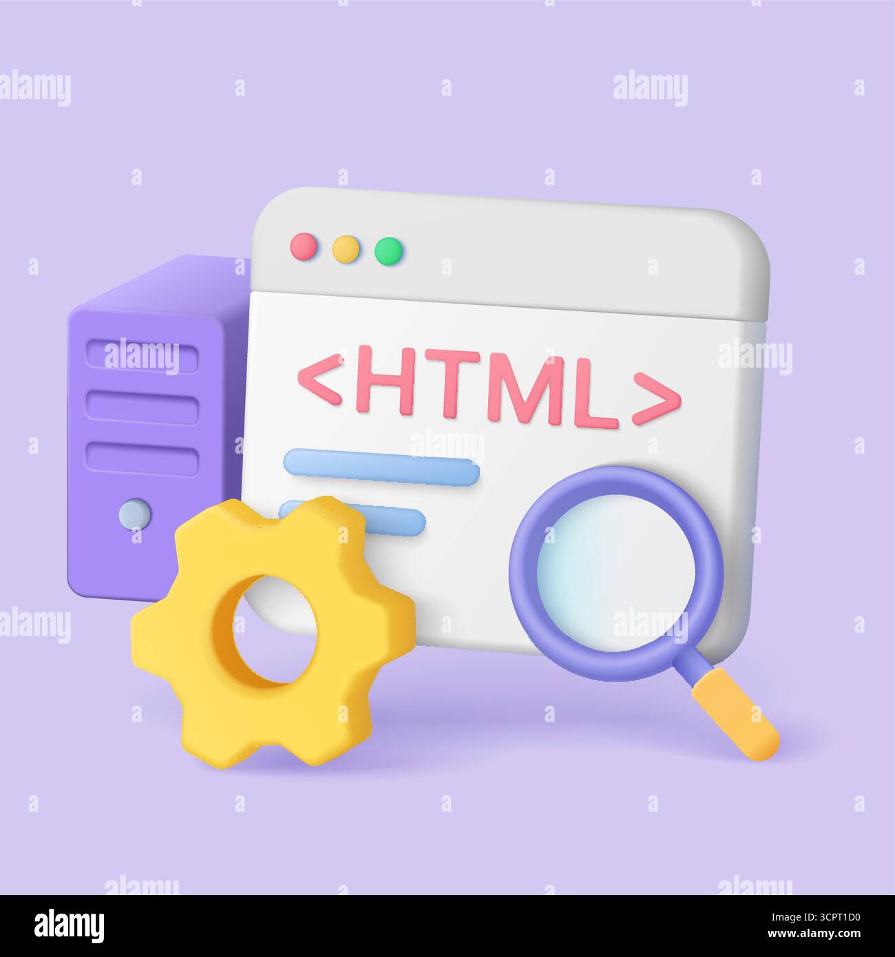 Modern 3d render showing HTML code, server, magnifying glass, and gear symbolizing technical SEO, website optimization, and search engine analysis vector illustration Stock Vector