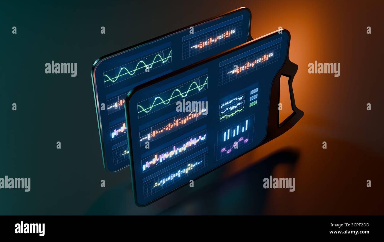 3D render showing dual futuristic glowing tablets with illuminated ...
