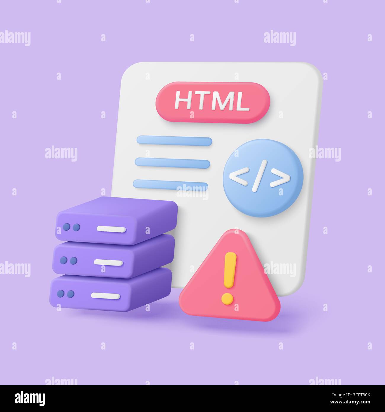 Modern 3d render showing HTML code, server stack, and warning symbol ...