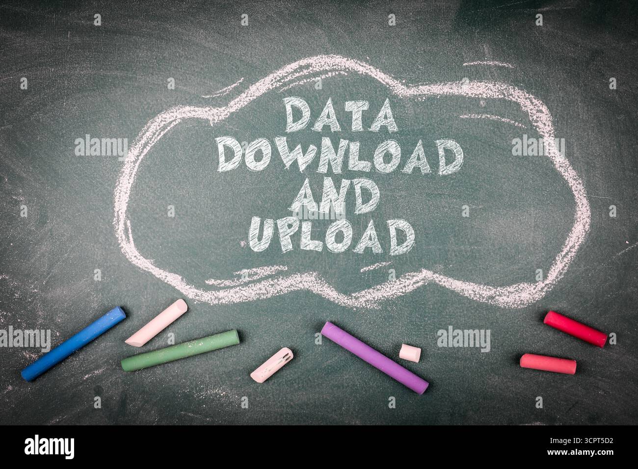 Data upload and download concept drawn on chalkboard in cloud shape. Stock Photo