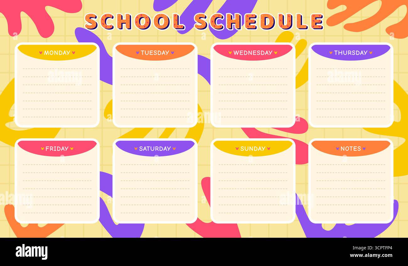 Bright school schedule template, cards for seven days and note space. Timetable for schoolchildren, trendy design in vivid colors, back to school week Stock Vector
