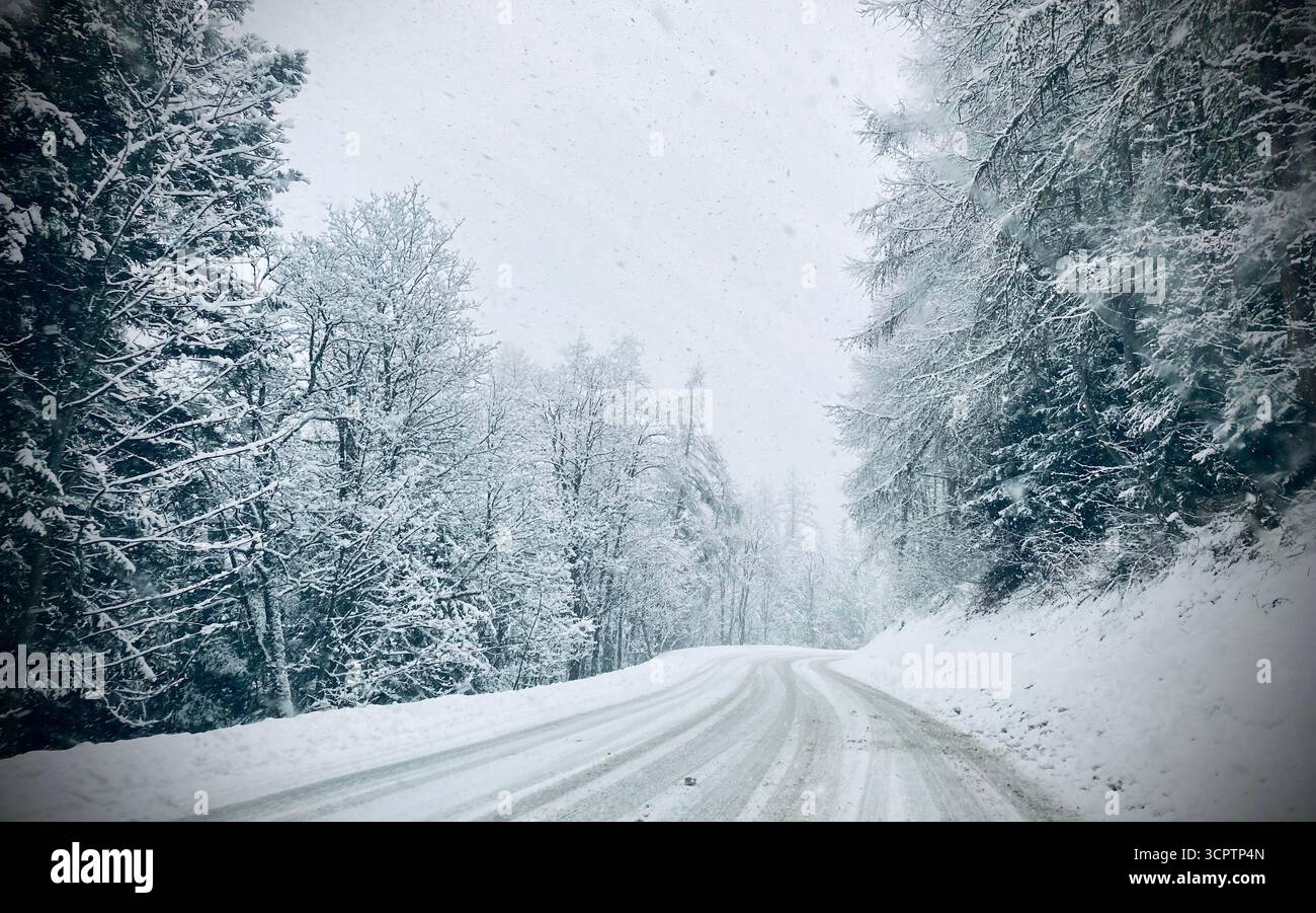Snowy road from Alps - Smartphone Captured Stock Image