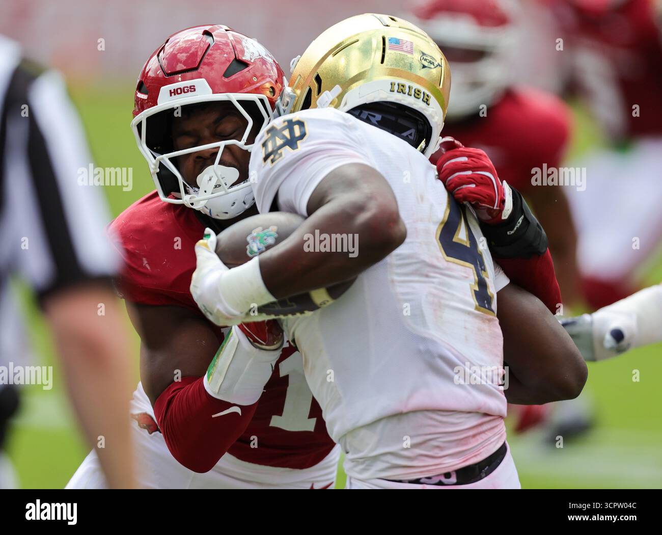 Defeated Razorback September 27, 2025: Phillip Lee (1) Razorback defensive lineman wraps ...
