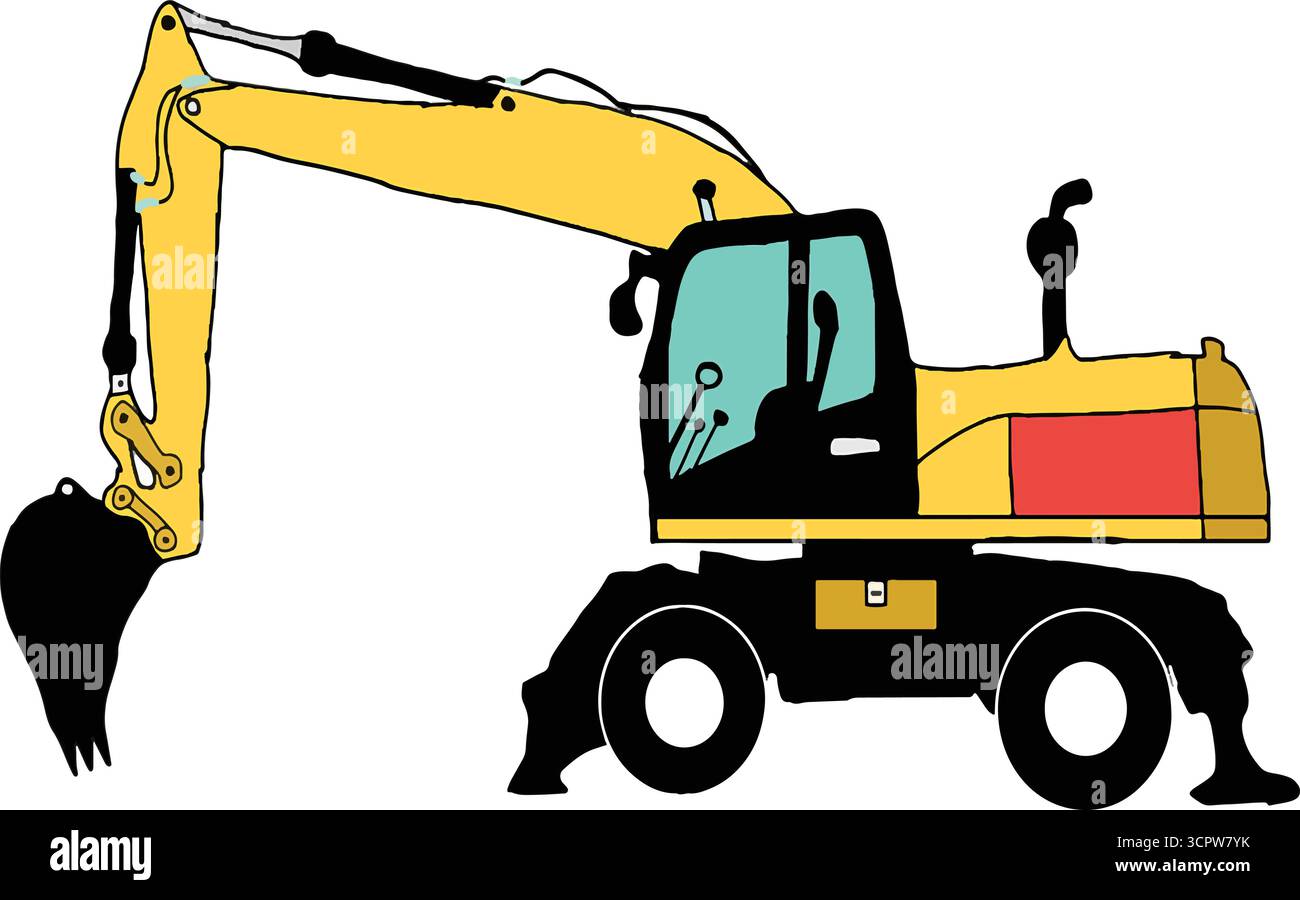 Handmade excavator side view construction vehicle vector mockup editable design Stock Vector