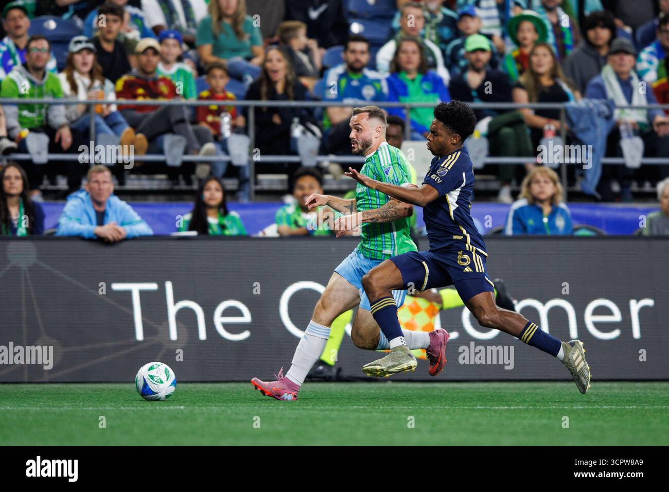 Seattle Sounders FC forward Jordan Morris attempts to drive the ball