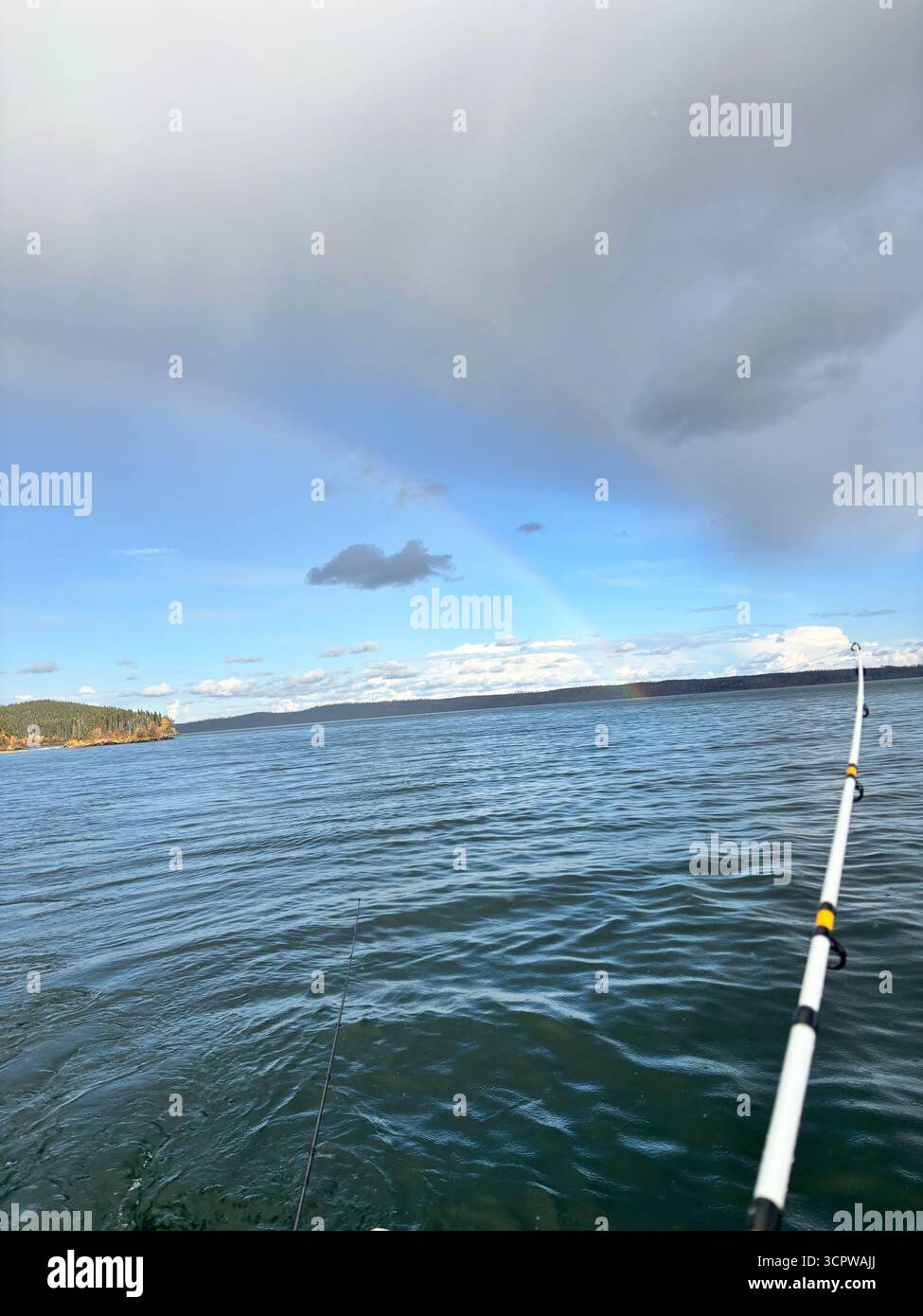 Rainbow arcs over a vast northern lake, with a fishing rod framing the calm waters and distant autumnal shoreline. - Smartphone Captured Stock Image
