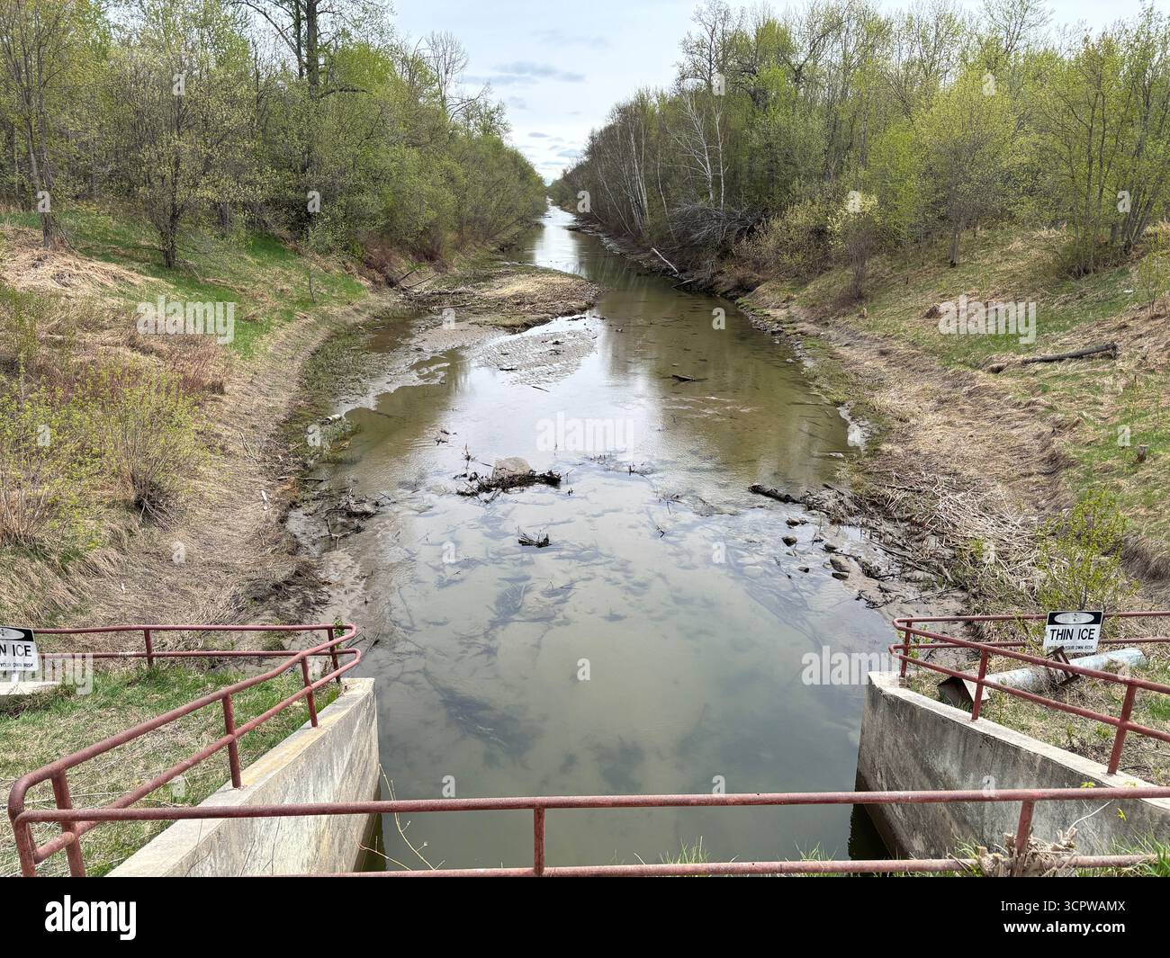 River flowing through a vast forest area after the spring thaw, in northern Saskatchewan. - Smartphone Captured Stock Image