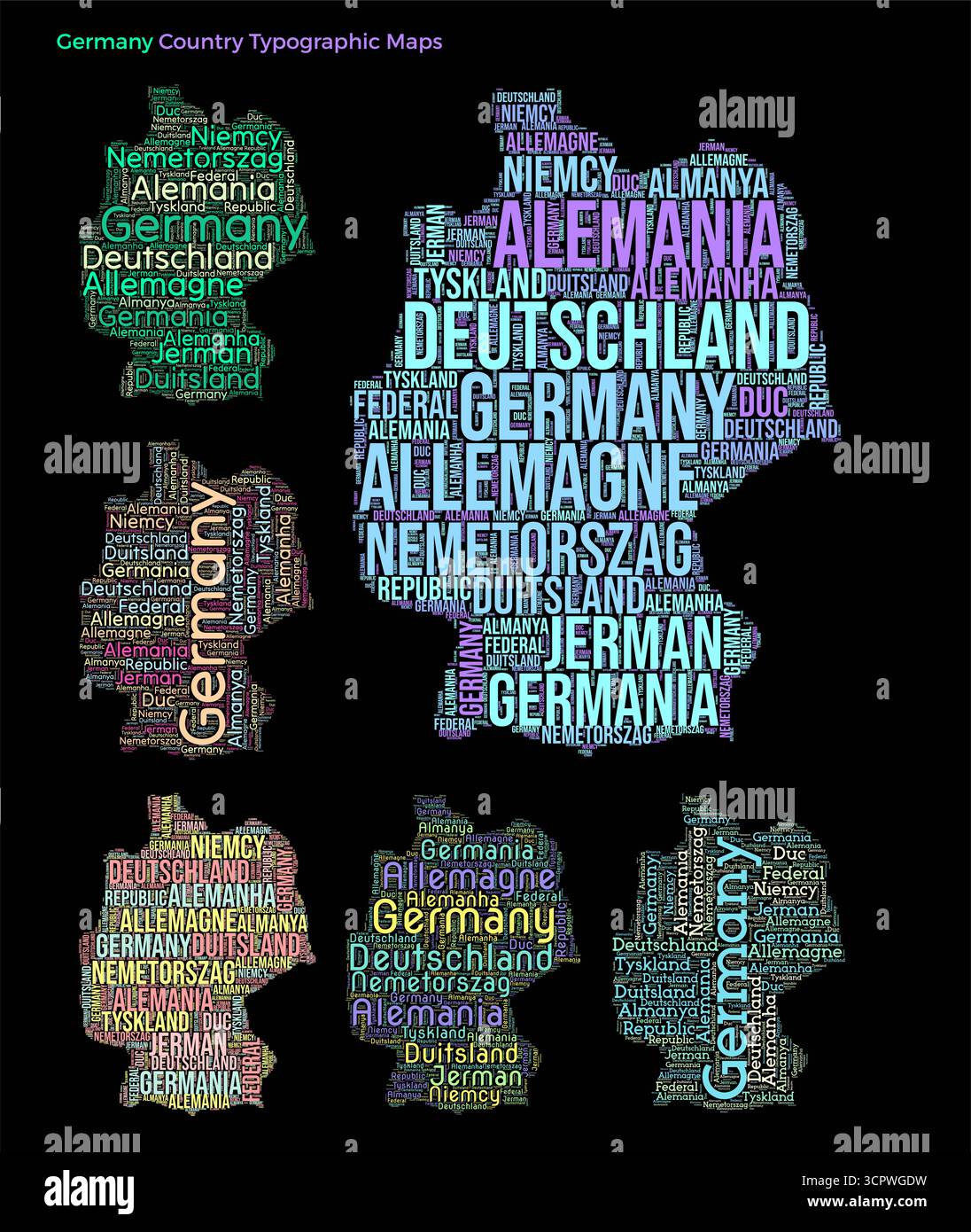 Set of typography style country illustrations. Germany map shape build ...