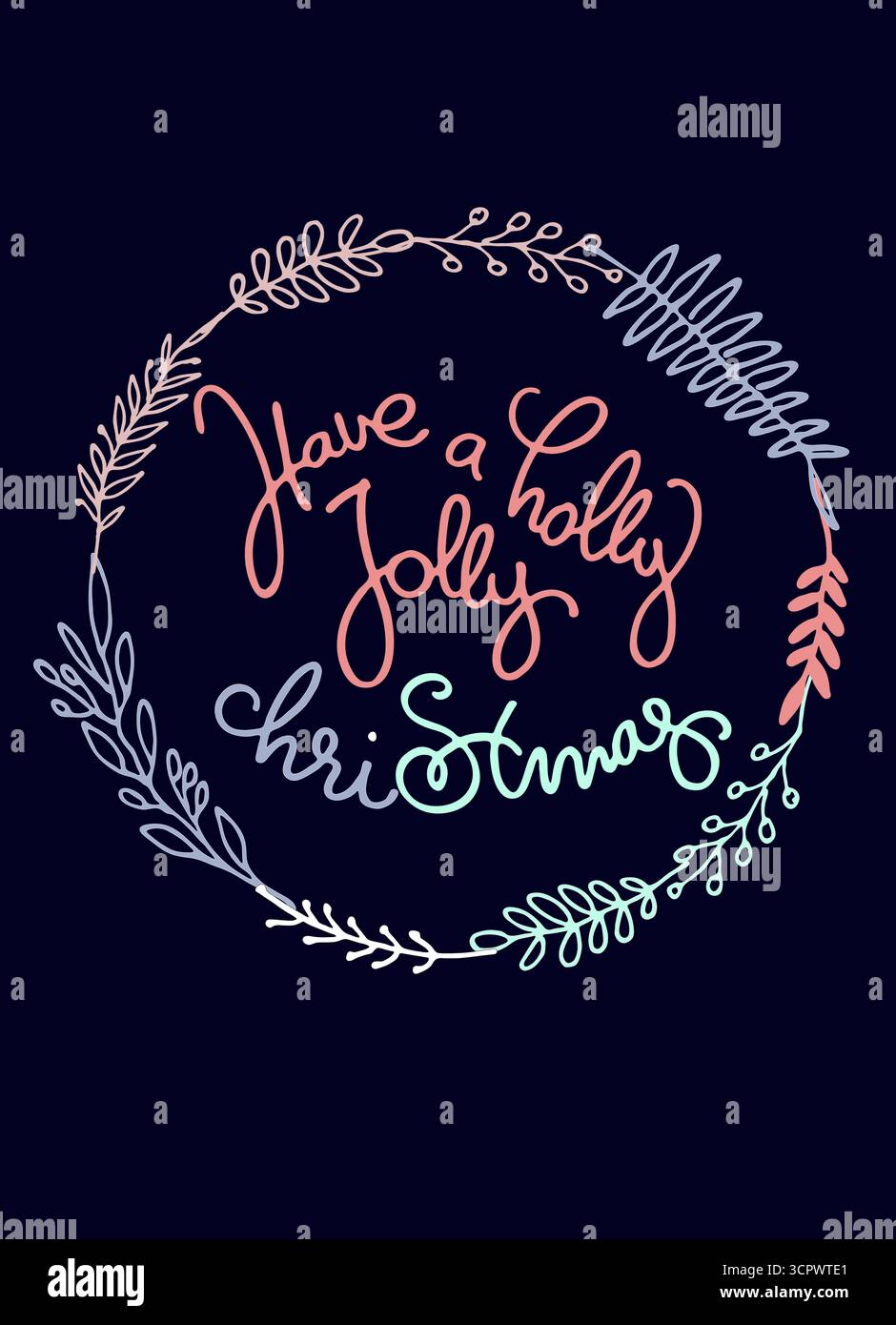 Christmas wreath with hand lettered greetings inside Stock Vector