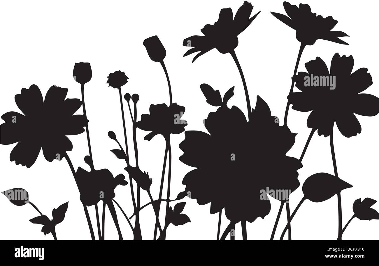 Silhouette of a cluster of wildflowers against a white background Stock Vector