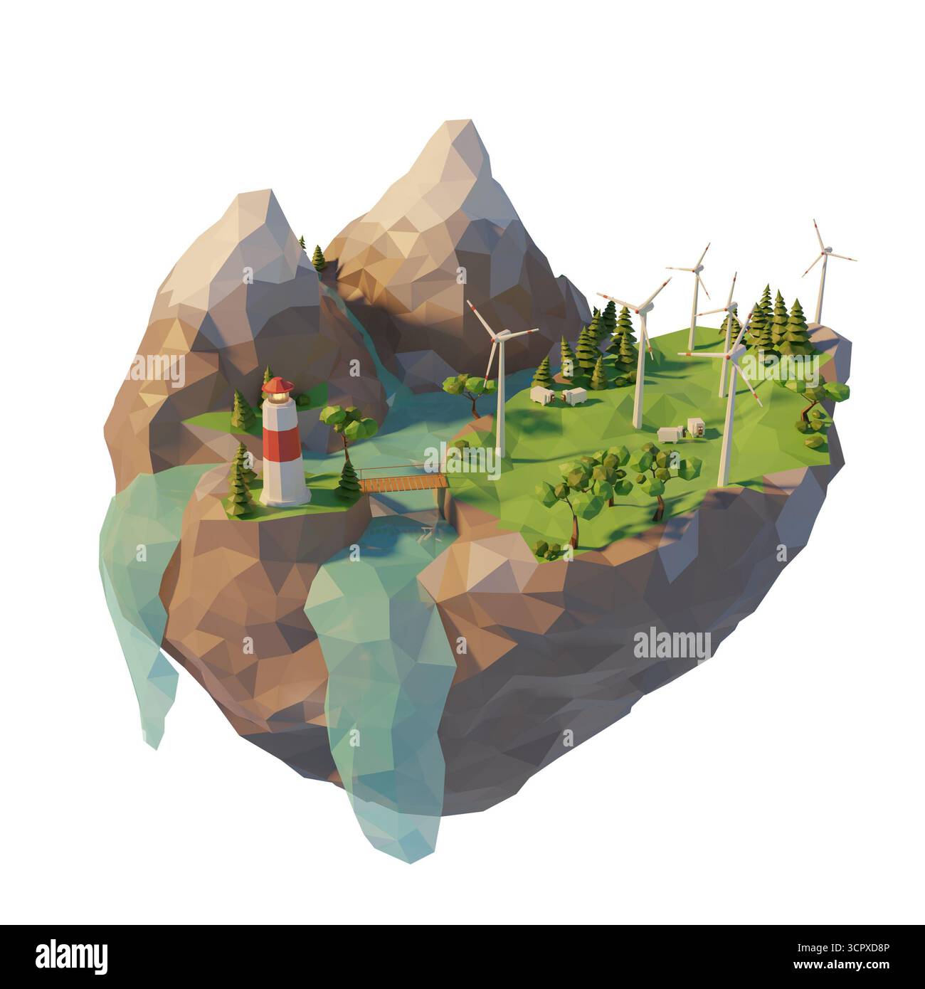 Generation clean energy concept. 3d low poly floating island. 3d render illustration. Isolated on white background. Stock Photo