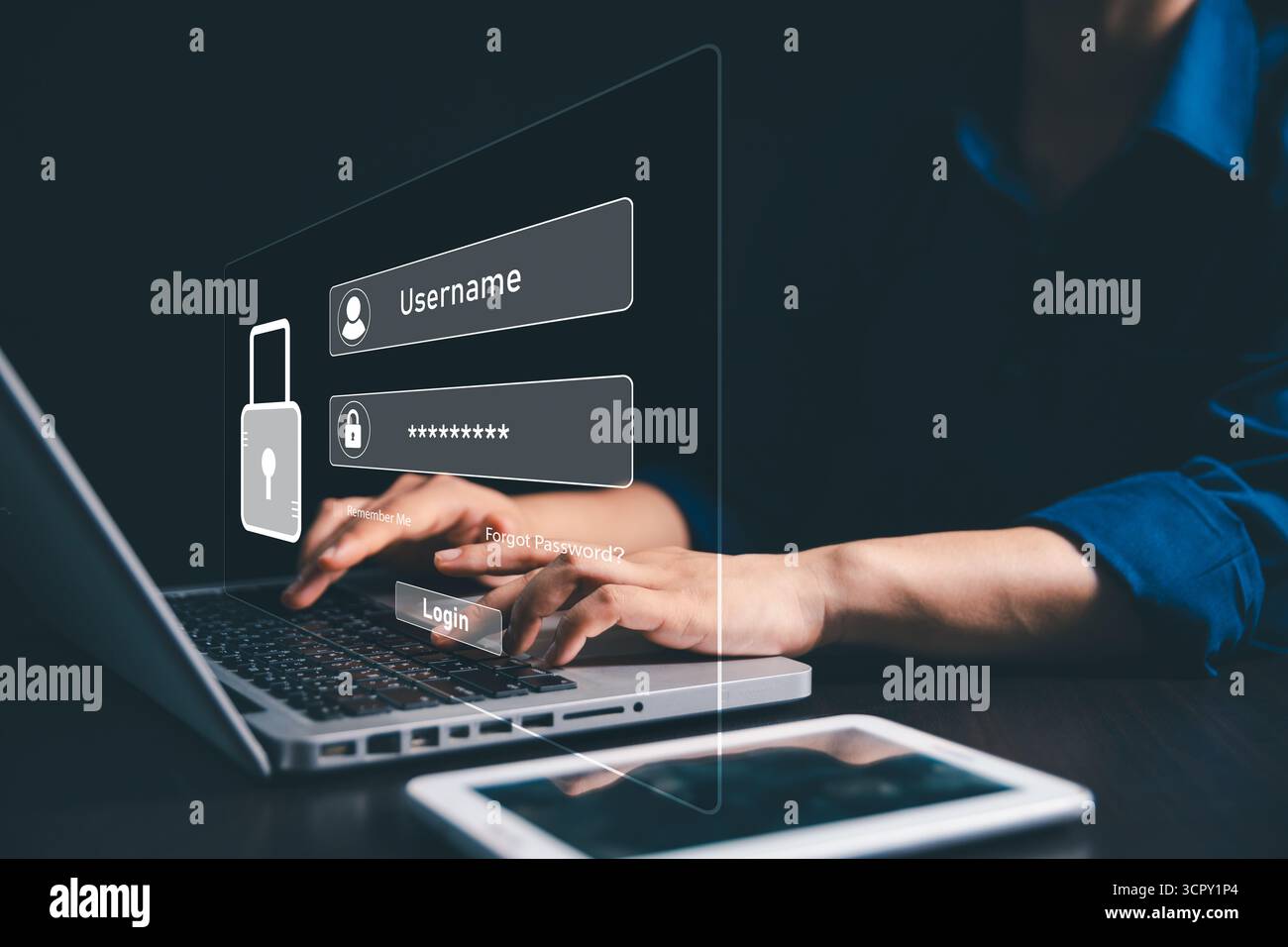 User accesses secure internet system through advanced high technology, username, password, ensuring encryption, strong cybersecurity for information s Stock Photo