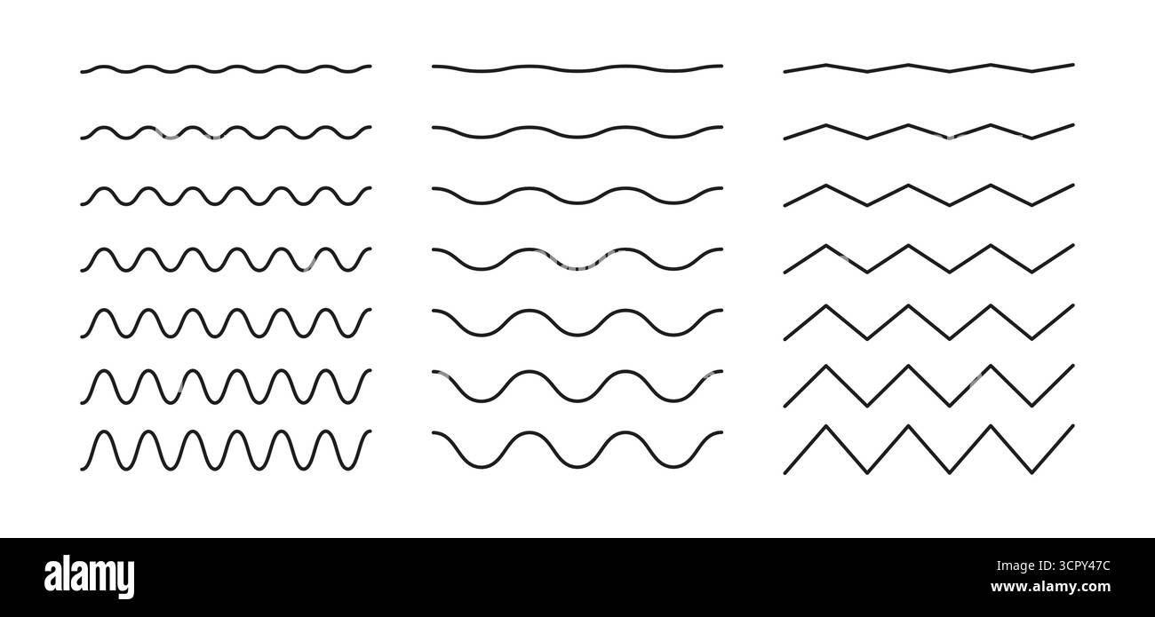 Wavy zigzag lines set. Vector wavy and zigzag horizontal underline. Waves lines collection. Ornament wave pattern. Wave thin line background. Stock Vector