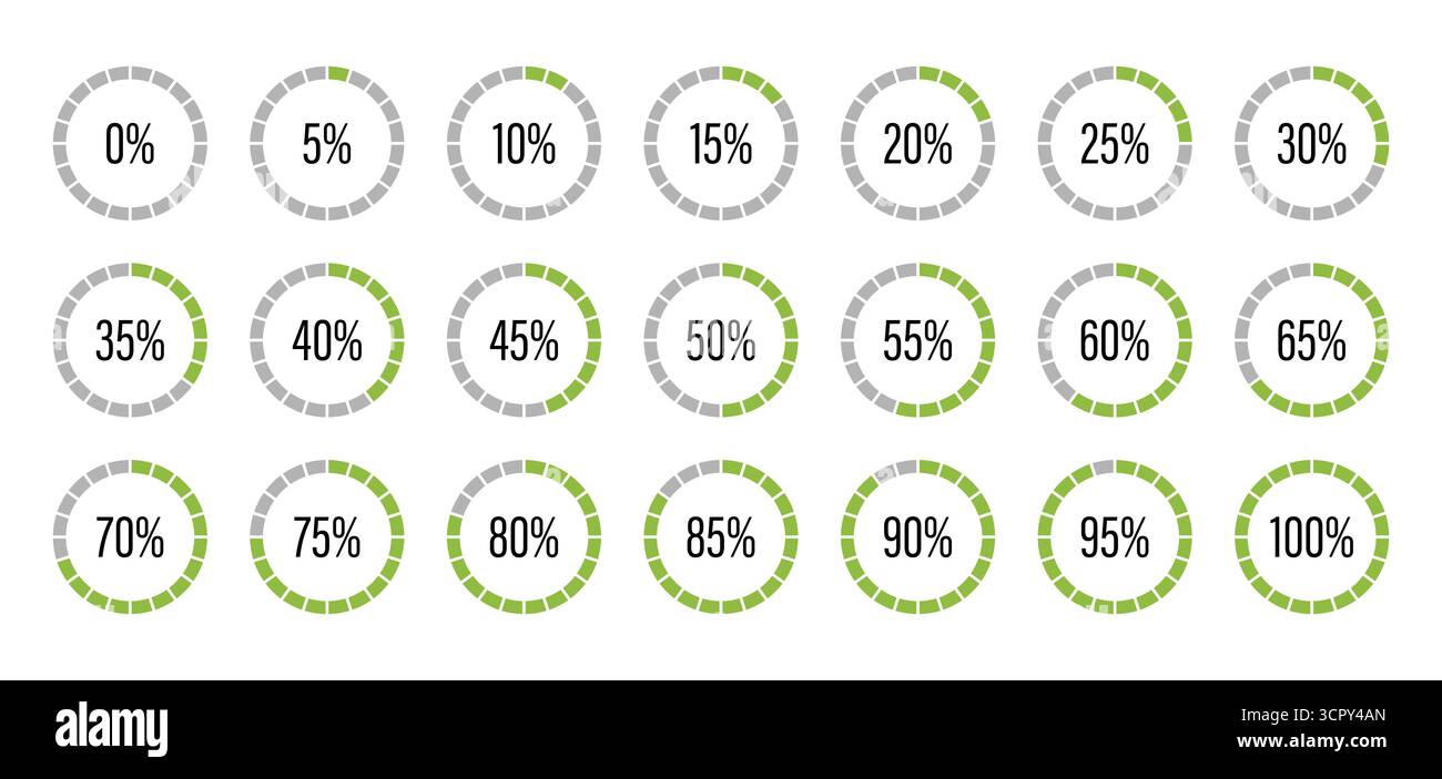 Green and gray color fill pie charts indicator template. Circle graph ...