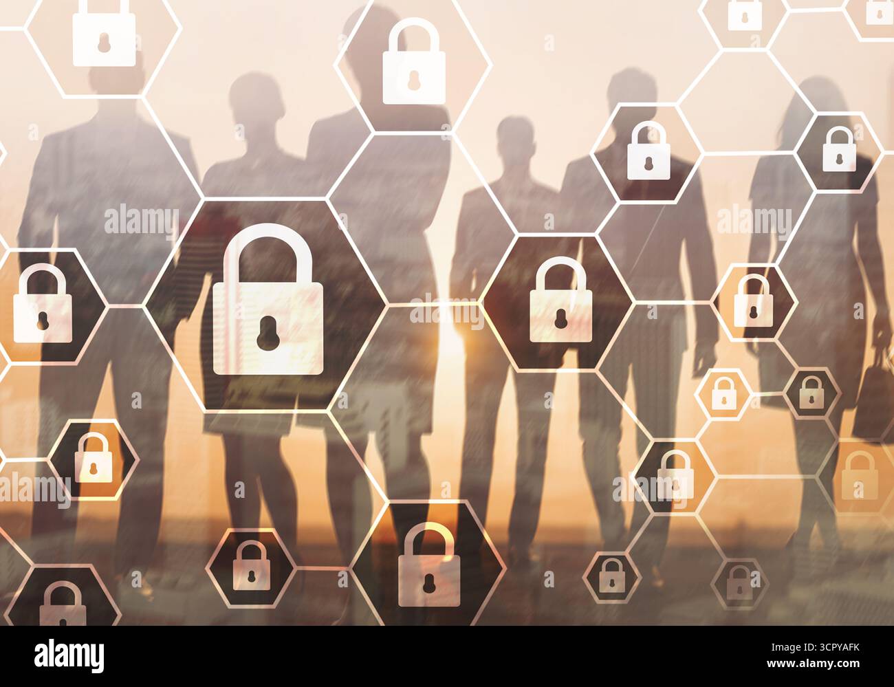 Secure structured business concept with locked elements and cybersecurity protection. Stock Photo