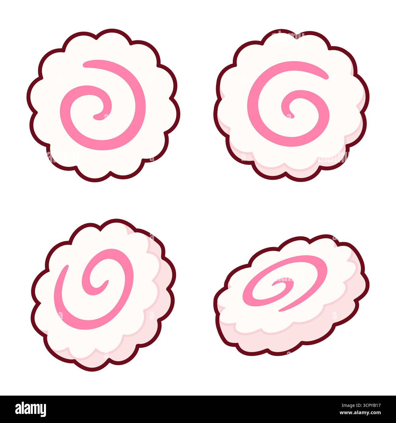 Narutomaki, Japanese surimi fish cakes. Set of four different angles. Simple cartoon vector clipart illustration. Stock Vector