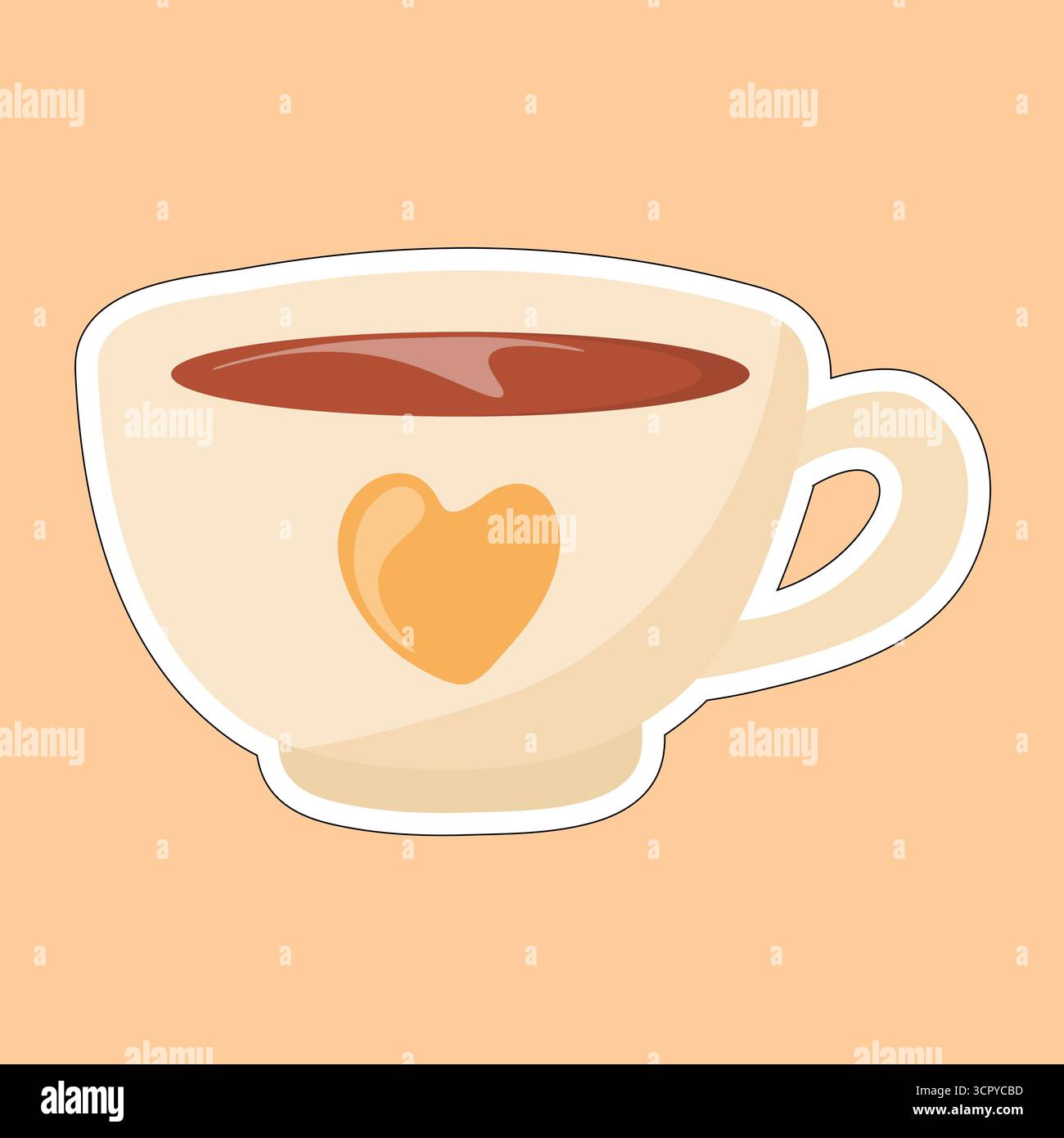 Beige coffee cup with yellow heart, filled with brown liquid. Set on orange background. Perfect for cozy fall visuals, seasonal food icons, and warm b Stock Vector