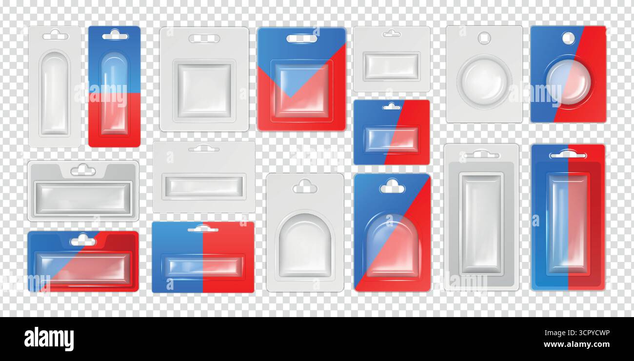 Blister mockup. Plastic box pack. Square hang case or white clamshell. 3D cardboard empty container for product. Individual holder with transparent display. Clear insert package. Vector objects set Stock Vector