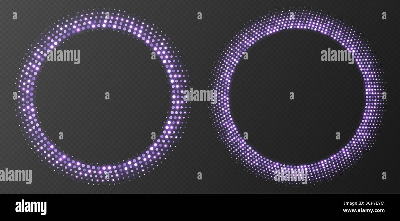 Purple halftone frames, glowing circle borders, round pattern with dots, radial disco luxury design element. Stock Vector