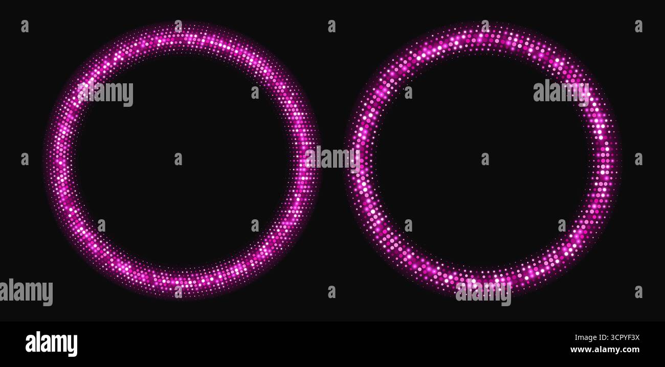 Pink halftone frames, glowing circle borders, round pattern with dots, radial disco luxury design element. Stock Vector