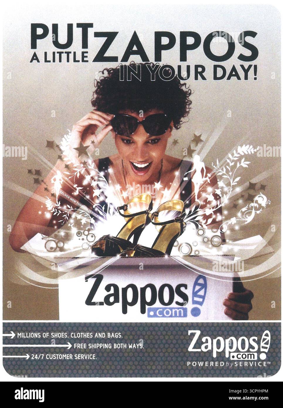 2008 Zappos.com ad, "millions of shoes, clothes and bags,free shipping both ways, 24/7 customer service" Stock Photo