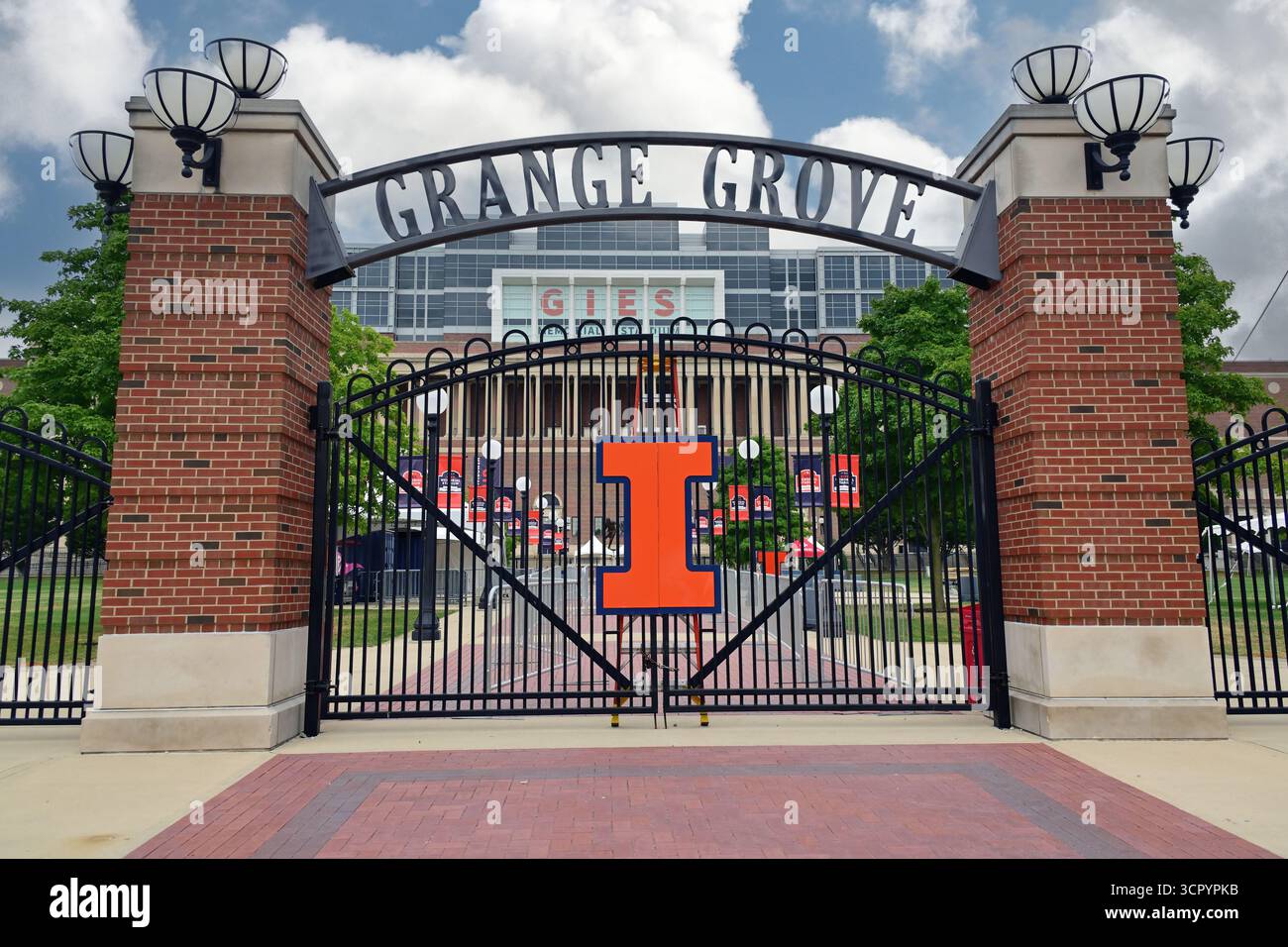 Champaign, Illinois, USA. The Grange Grove entrance gate to Gies ...