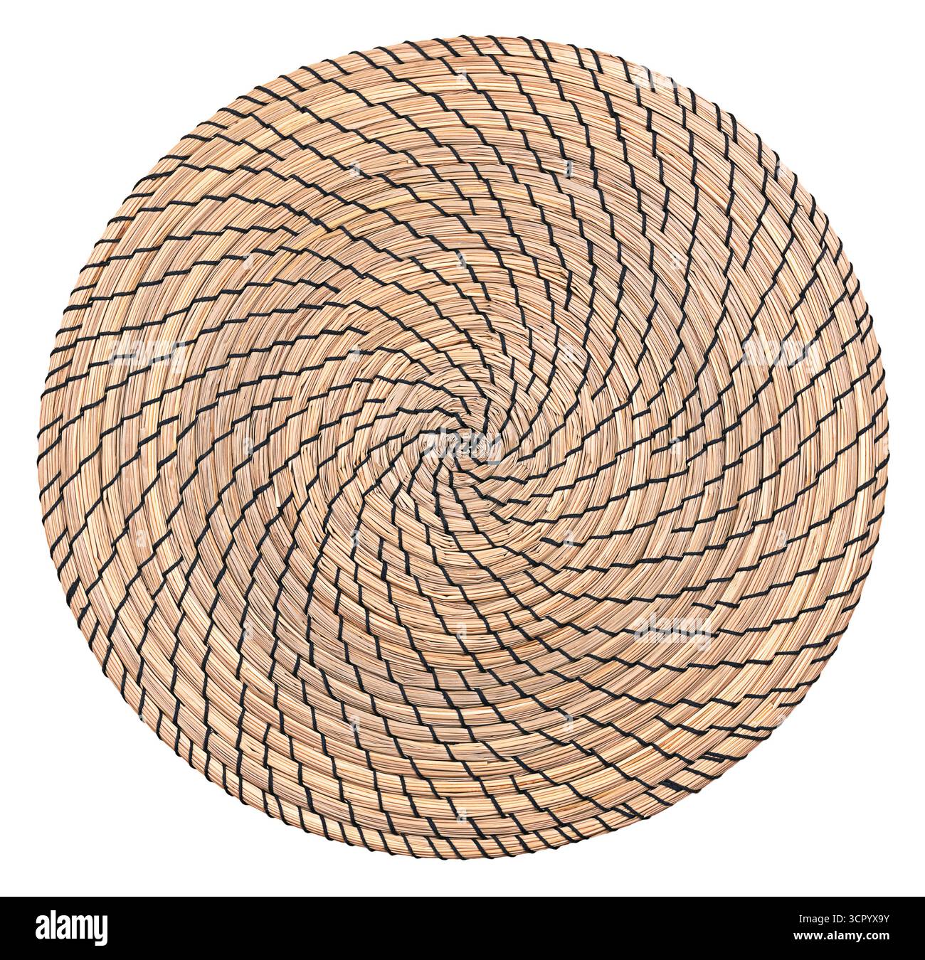Spiral shaped place mat, made of seagrass, isolated, from above. Natural and organic underlay. Stock Photo