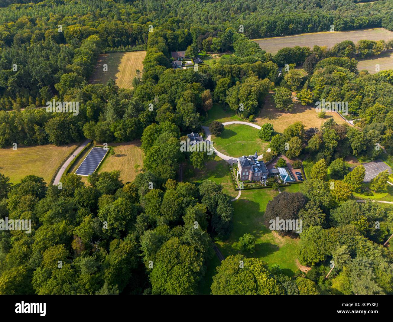 Aerial view of forested estate with central mansion, circular driveway ...