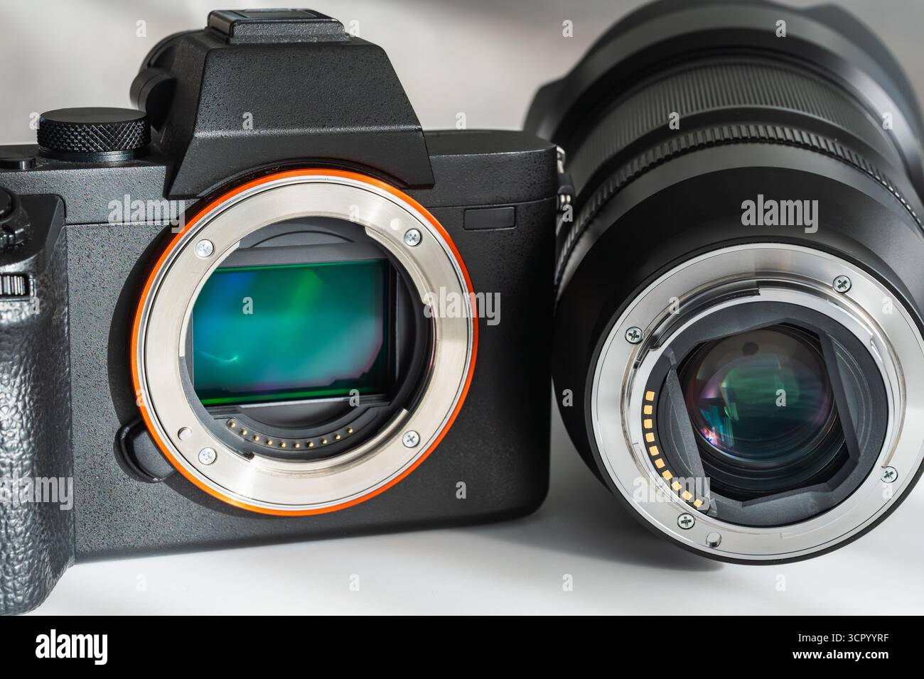 Professional digital mirrorless camera body with the lens detached ...