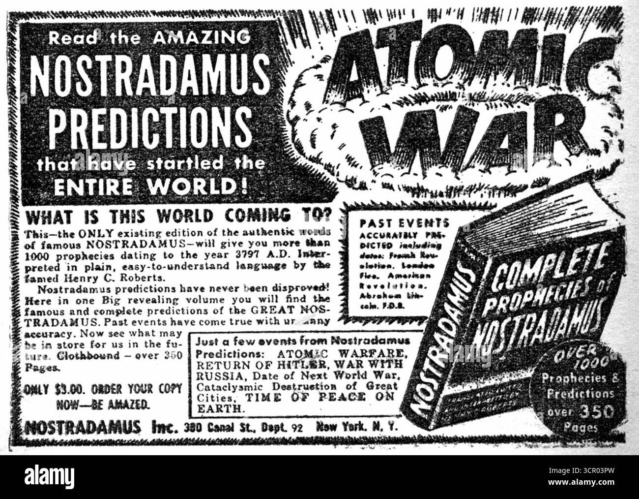 1953 Complete Prophecies of Nostradamus, from Nostradamus Inc N.Y. book ad Stock Photo