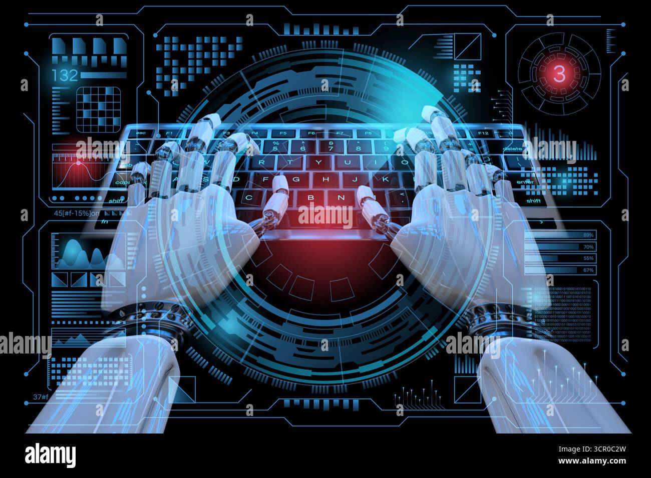 Sci fi Hologram control panel dashboard in HUD style. Robot cyborg typing on keyboard. Futuristic background. 3d illustration. Radar screen futuristic Stock Photo