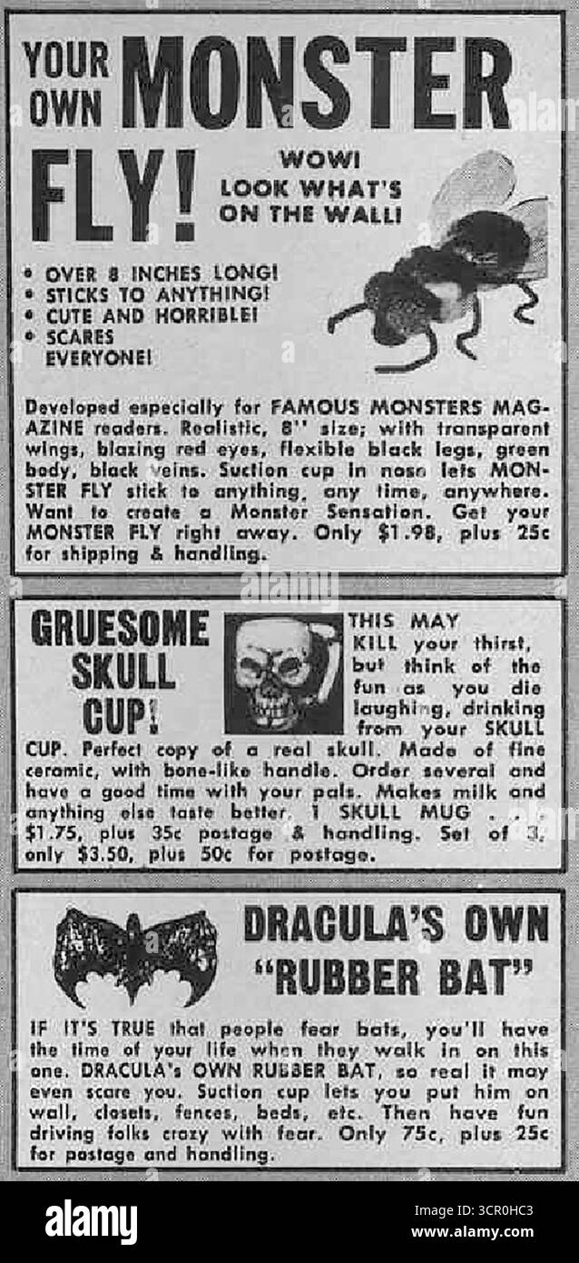 1960s Famous Monsters of Filmland Magazine ads featuring horror novelties, Monster Fly Stock Photo