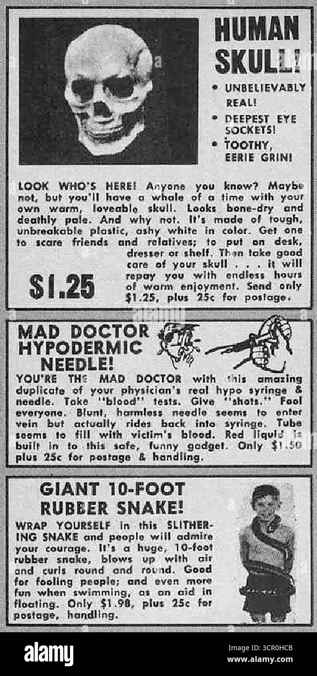 1960s Famous Monsters of Filmland Magazine ads featuring horror novelties, Mad doctor hypodermic needle Stock Photo