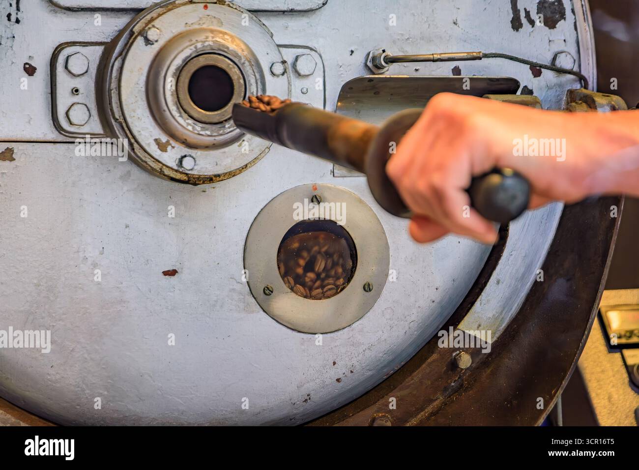 Coffee roaster checks freshly roasted beans with a sampling probe to develop perfect quality at an artisanal coffee roastery in Zurich, Switzerland Stock Photo