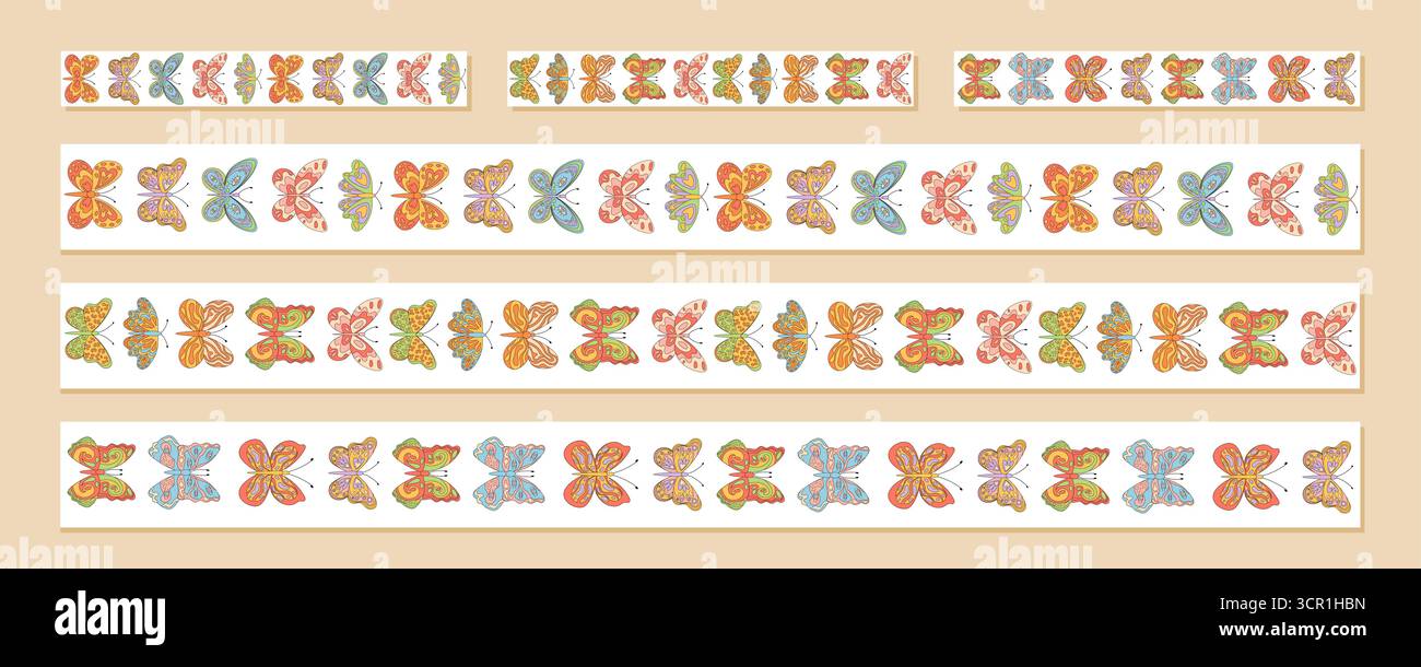 Groovy Retro Seamless Butterfly Border Set Stock Vector
