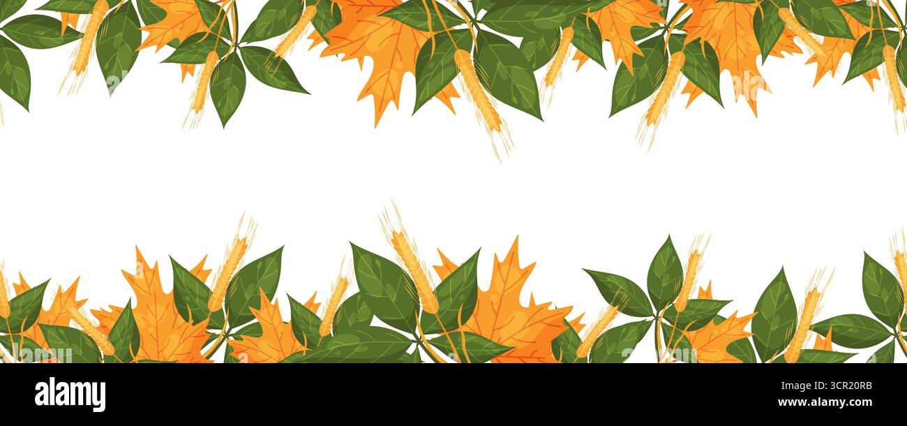 Seamless border with autumn leaves and wheat on top and bottom Stock ...