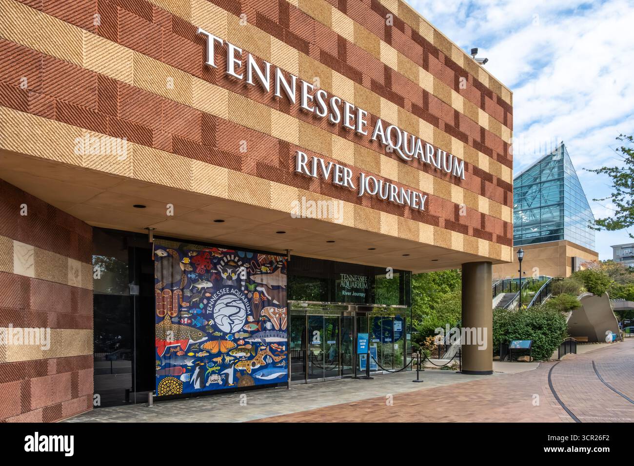 The Tennessee Aquarium's River Journey and accompanying Ocean Journey buildings in Downtown Chattanooga, Tennessee. (USA) Stock Photo
