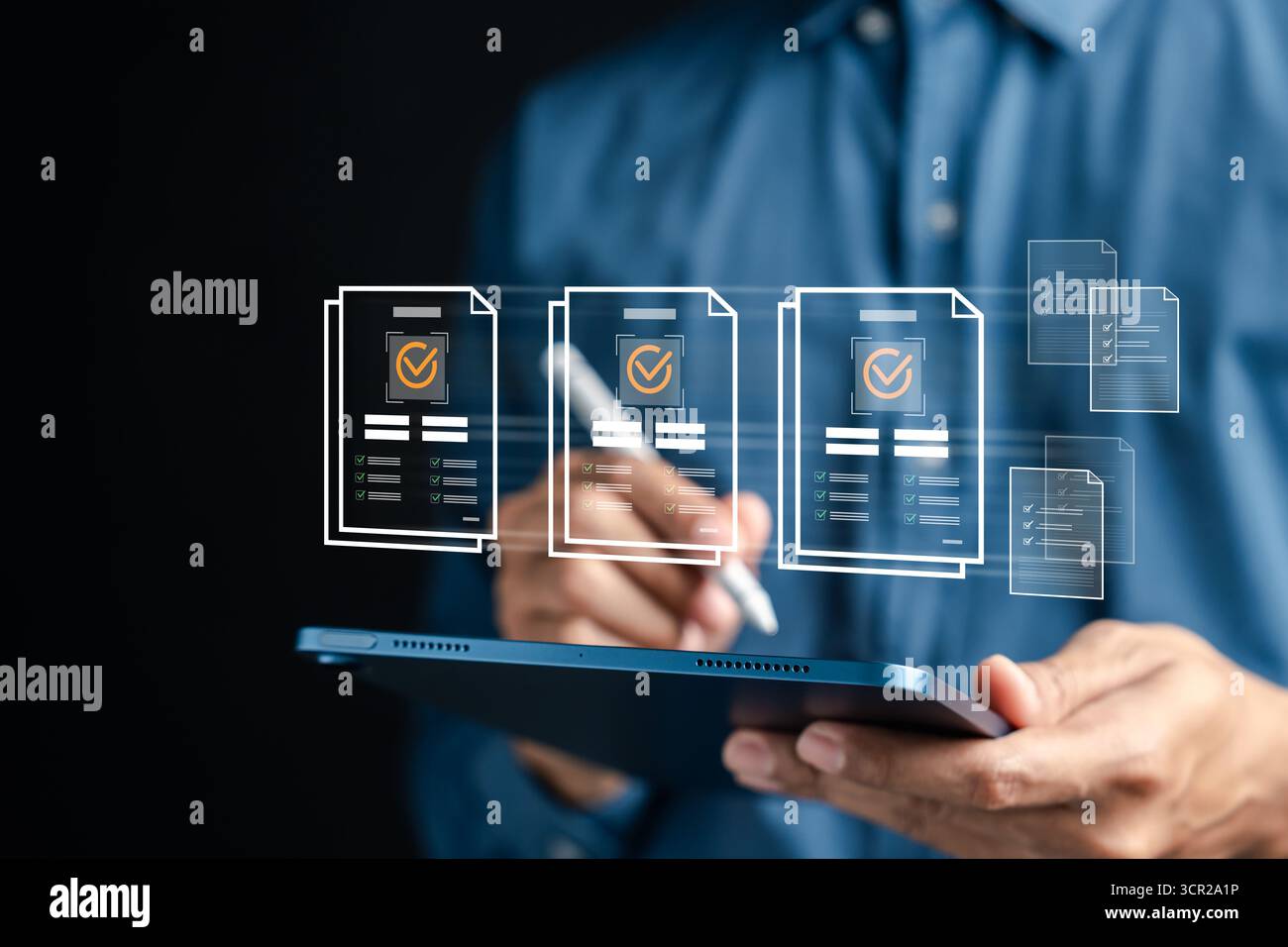 Digital document management and checklist concept. Online files with check marks workflow Stock Photo