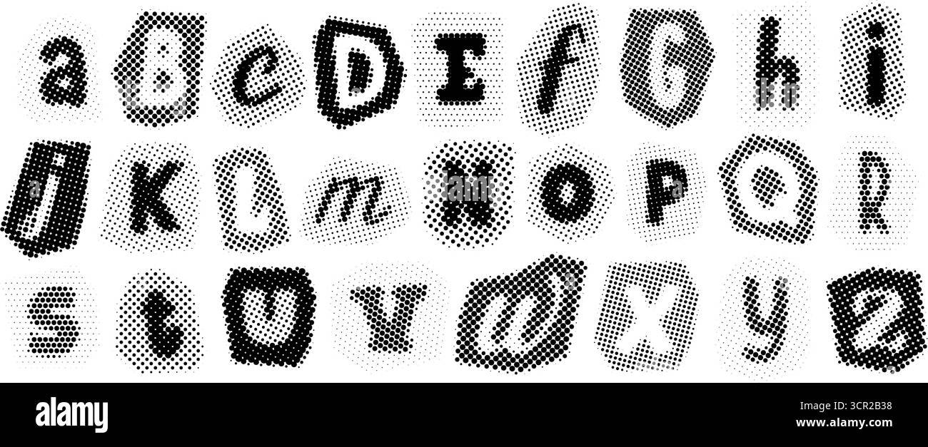 Retro pixelated letters design. Black halftone alphabet. Comic pop art cut out font. Rasterized bitmap English alphabet. Old fashioned newspapers typography set. Vector aged textured dotted abc pack Stock Vector