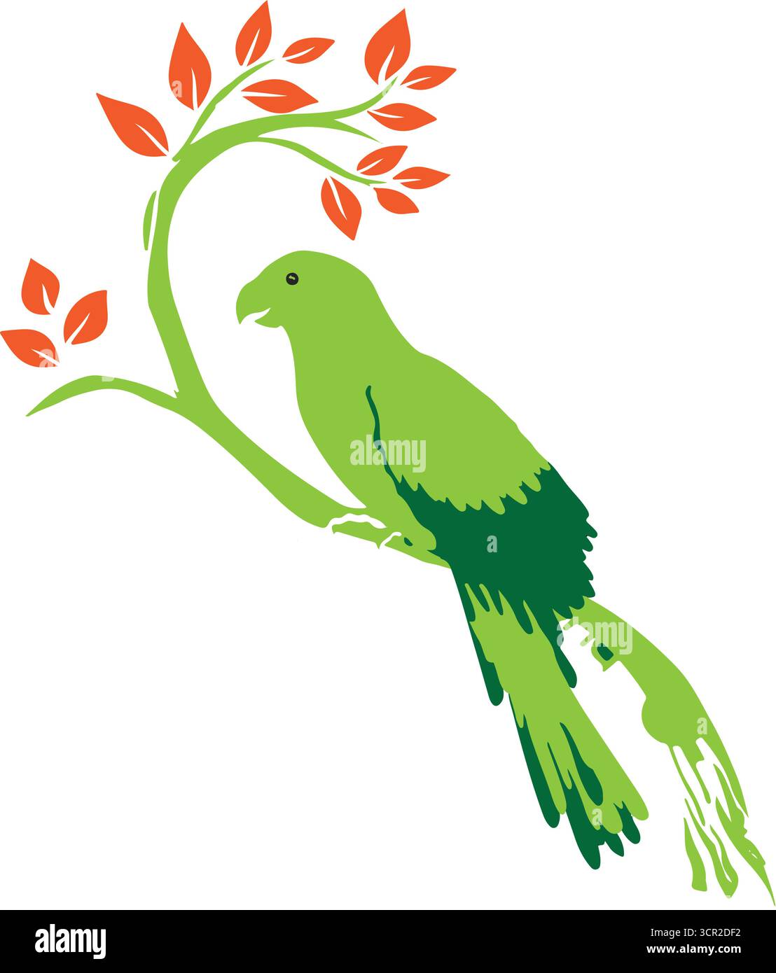 bird on tree, parrot on tree, tree, green, red tree, red leaves Stock Vector