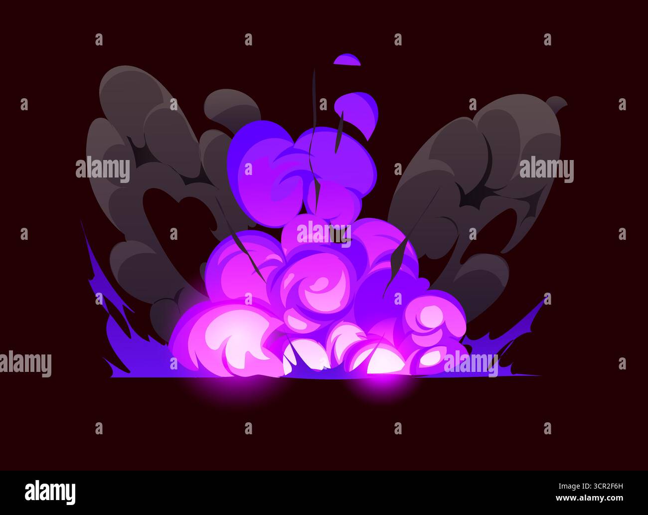 Cartoon bomb explosion and magic smoke effect, purple fire cloud blast ...