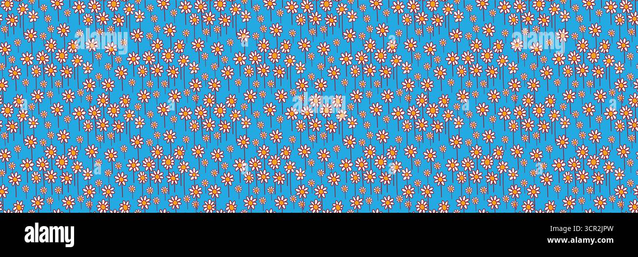 Seamless cartoon daisy field pattern on vivid blue background Stock Vector
